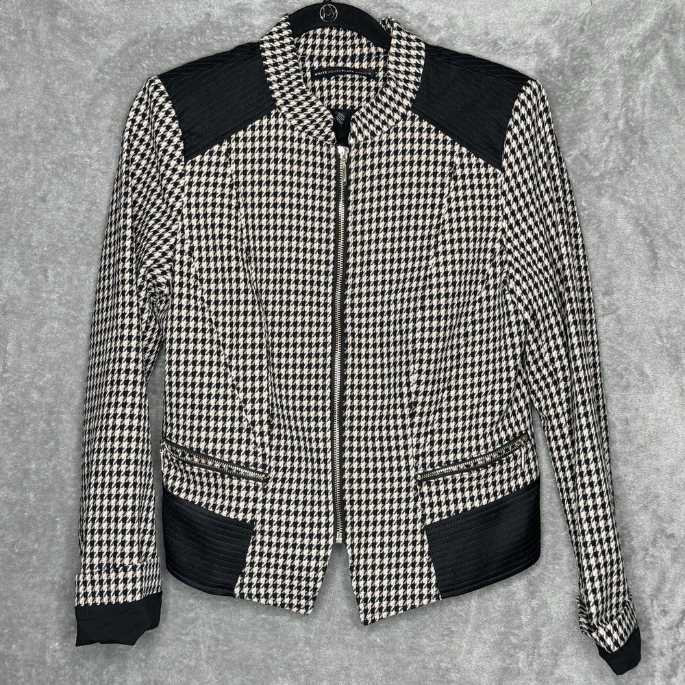 White House Black Market 12 Blazer Jacket Brown Houndstooth Full Zip Long Sleeve